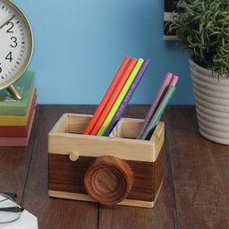 VarEesha Brown Solid Handcrafted Pine & Sheesham Wood Camera Pen Holder-44