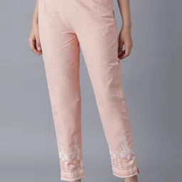 W Women Peach-Coloured & Off-White Slim Fit Printed Trousers-picture-14