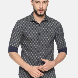 SHOWOFF Men Navy Blue & Yellow Floral Print Casual Shirt-image-9