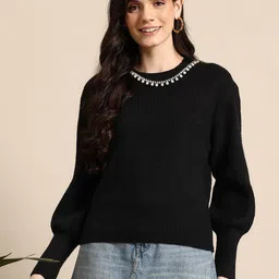 Mast & Harbour Ribbed Woollen Pullover with Embellished Detail-image-15