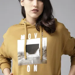 Roadster Women Mustard Brown & White Printed Hooded Sweatshirt-picture-18