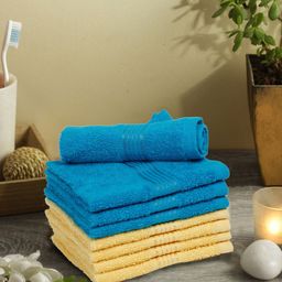 BIANCA Turquoise Blue & Yellow Set Of 8 Solid Super Absorbent 380 GSM Cotton Face Towels-18