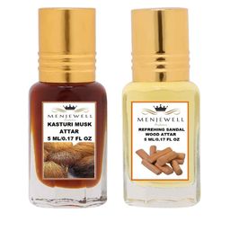 Menjewell Pack Of 2 Unisex Kasturi Musk & Refreshing Sandalwood Attar 5ml each-44