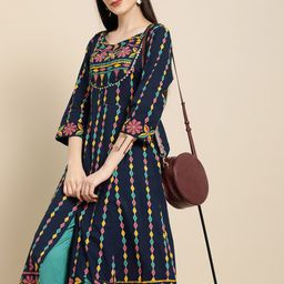 Anouk Women Navy Blue & Yellow Geometric Printed Pure Cotton Anarkali Kurta-picture-18