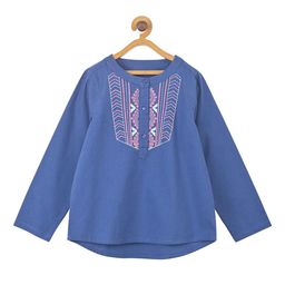 Miyo Girls Blue Embroidered Pure Cotton A-Line Top-picture-36