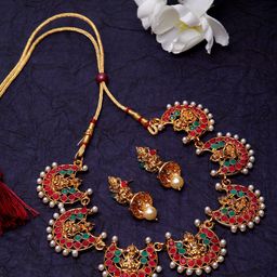 Shining Diva Gold-Plated Maroon & Green Stone Studded Pearl Embellished Temple Jewellery Set-16