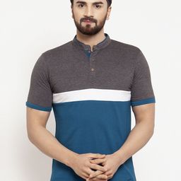 Kalt Men Teal Blue & Grey Colourblocked Mandarin Collar T-shirt-image-37