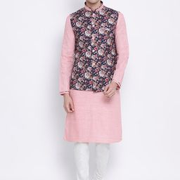 Sanwara Men Pink & White Solid Kurta Nehru Jacket Set with Churidar-2