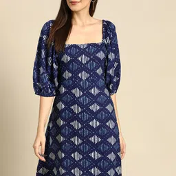 Anouk Women Navy Blue & White Printed A-Line Dress with Stylized Back-picture-7