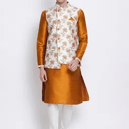 Sanwara Men Orange & White Solid Art Silk Kurta with Churidar & Jacket-picture-24
