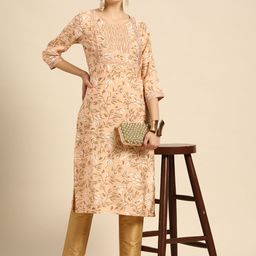 Sangria Women Peach-Coloured Floral Printed Straight Kurta-image-8