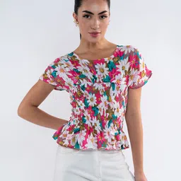 Stylecast X Hersheinbox Floral Print Extended Sleeves Smocked Fitted Cotton Top-picture-2