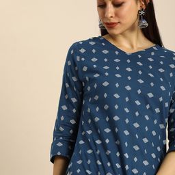 Anouk Women Teal Blue & White Geometric Printed V-Neck Kurta-image-55