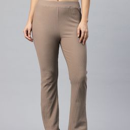 Popnetic Women Ribbed Flared High-Rise Trousers-image-87