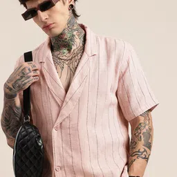 HERE&NOW Vertical Stripes Notched Lapel Collar Blazer Style Casual Shirt-image-87
