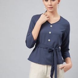Marie Claire Women Navy Blue Solid Peplum Top With Belt-picture-17