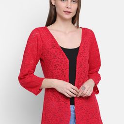 Rute Women Red Self Design Lace Open Front Shrug-image-91