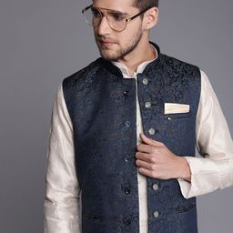 Manyavar Woven Design Pure Silk Nehru Jacket-24