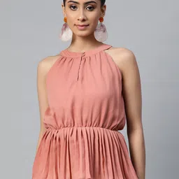 SASSAFRAS Women Pink Satin Keyhole Neck Top-picture-39