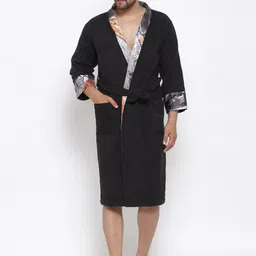 DECOREALM Unisex Black Solid Cotton Bath Robe-picture-8