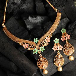 ANIKAS CREATION Gold-Plated Green & Orange Stone-Studded Beaded Enamelled Jewellery Set-15