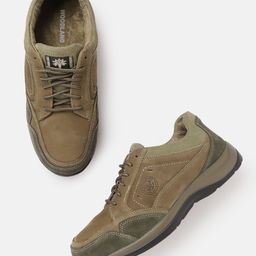 Woodland Men Khaki & Green Colourblocked Leather Sneakers-picture-13