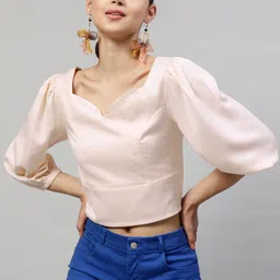 Street 9 Pink Puff Sleeves Regular Crop Top-image-84