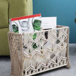 The Decor Mart White Self-Design Handcrafted Macrame Knotted On Metal Wire Frame File Oraganizer-0