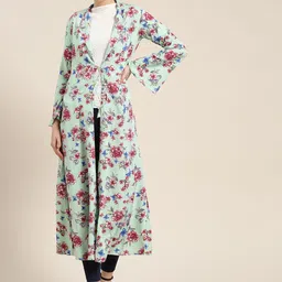 WoowZerz Women Green & Pink Printed Tie-Up Longline Shrug-40