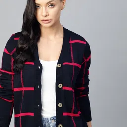 The Roadster Lifestyle Co Women Black & Red Checked Cardigan-image-57