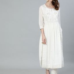 Ishin Women Off White Ethnic Motifs Embroidered Pleated Pure Cotton Kurta with Trousers-50