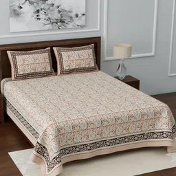 LIVING ROOTS Beige & Brown Printed 210 TC 1Jaipuri King Bedsheet With 2 Pillow Covers-image-12
