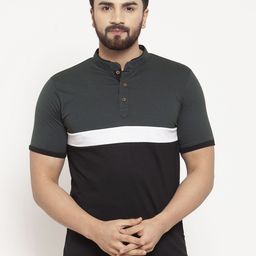 Kalt Men Black & Grey Colourblocked Mandarin Collar T-shirt-image-83