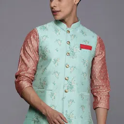 Manyavar Men Blue & Beige Woven Design Nehru Jacket with Pocket Square-image-88