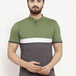 Kalt Men Olive Green & Grey Colourblocked Mandarin Collar T-shirt-image-78