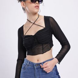 glitchez Criss-Cross Neckline Tie-Up Ruched Net Crop Top-picture-42