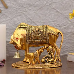 CraftVatika Gold-Toned Metal Kamdhenu Cow With Calf & Krishna Idol Showpiece-image-22