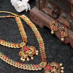 Shining Diva Gold-Plated Red & Green Stone Studded Pearl Embellished Antique Jewellery Set-image-99