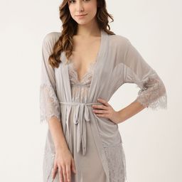 Ms Lingies Women Grey Self Design Baby Doll Comes with a Robe-picture-40