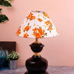 Devansh White & Orange Printed Bedside Table Lamp with Shade-11
