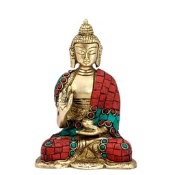 CraftVatika Gold-Toned & Red Blessing Lord Buddha Brass Statue Showpiece-31