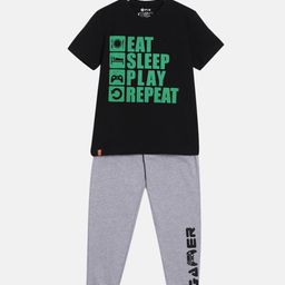 3PIN Boys Black & Grey Melange Printed Cotton T-shirt with Pyjamas-picture-3