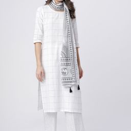 Vishudh Women Off-White Checked Kurta with Palazzo and Dupatta-image-63