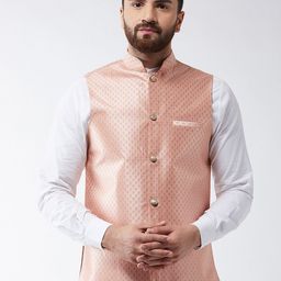 SOJANYA Men Peach-Coloured Woven Design Nehru Jacket-26