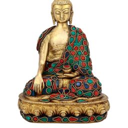 CraftVatika Gold-Toned & Green Earth Touching Tibet Buddha Brass Statue Showpiece-image-65