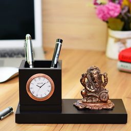 Archies Black & Copper-Toned Ganesha Rectangle Solid Analogue Table Clock-50