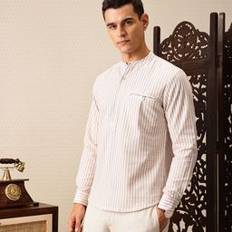 House of Pataudi Striped Band Collar Rozana Kurta-image-31