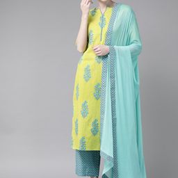 Libas Women Green Floral Printed Pure Cotton Kurta with Trousers & With Dupatta-picture-34