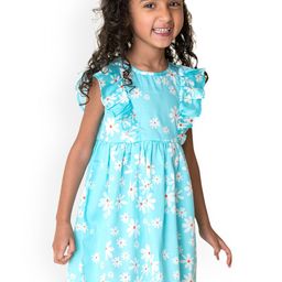 Campana Girls Turquoise Blue & White Floral Print Fit and Flare Dress-25