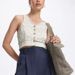 glitchez Groovy Crinkled Printed Belted Crop Top-image-40